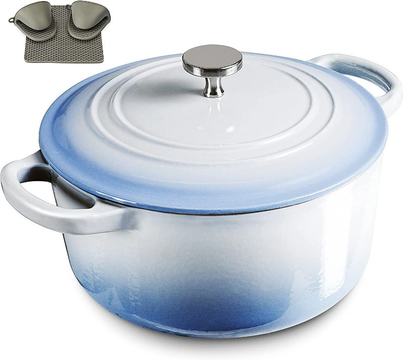 Photo 1 of 6QT Enamel Cast Iron Dutch Oven with Loop Handles, Covered Dutch Oven, Enamel Stockpot with Lid, Blue