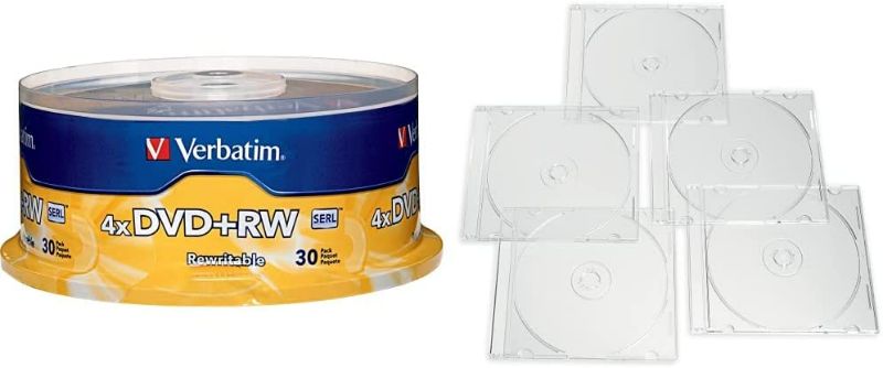 Photo 1 of Verbatim DVD+RW 4.7GB 4X with Branded Surface - 30pk Spindle & CD DVD Blu-Ray Clear Slim Jewel Cases, 5.2 mm – 25 Pack