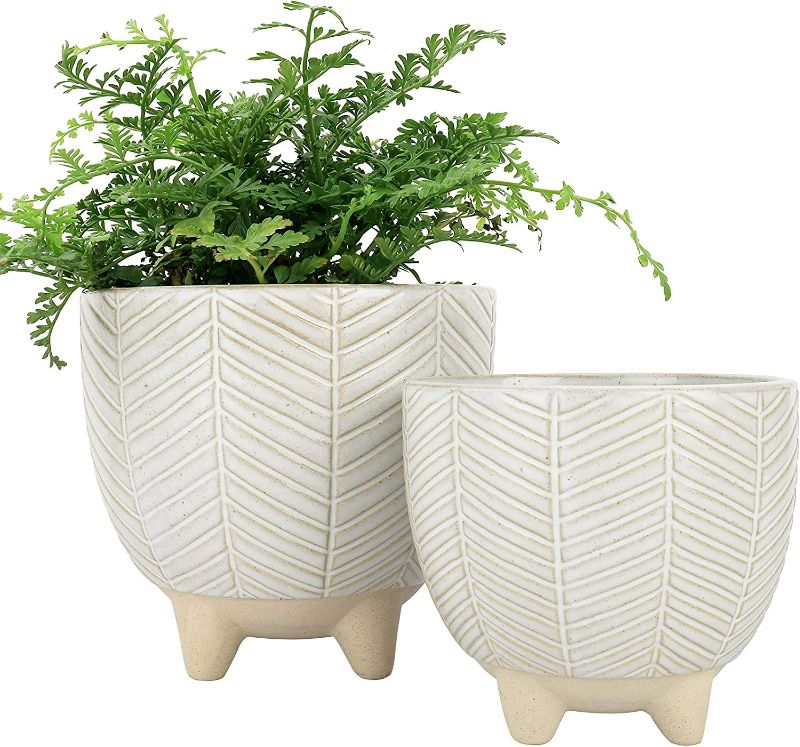 Photo 1 of Ceramic Footed Flower Plant Pots - 6.7 + 5.1 Inch Boho Decor Indoor Planters with Drainage, Home Decor Gift, Beige