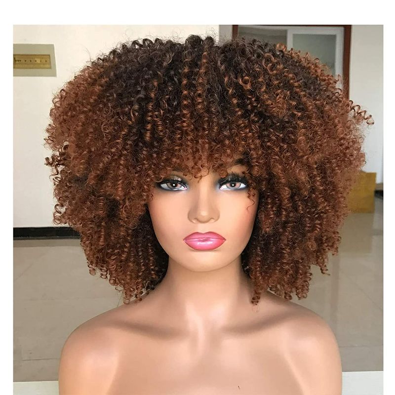 Photo 1 of ANNISOUL Afro Bomb Curly Wigs for Black Women Short Afro Kinky Curly Wig with Bangs 14inch Natural LookIng Ombre Brown Synthetic Heat Resistant Full Curly Wig