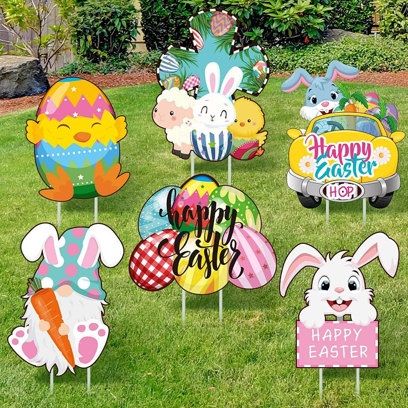 Photo 1 of Jetec 6 Pieces Easter Yard Signs Outdoor Lawn Decorations Egg Chick Yard Stake Sign Easter Outdoor Decorative Stake Signs for Easter Garden Yard Party Supplies Props