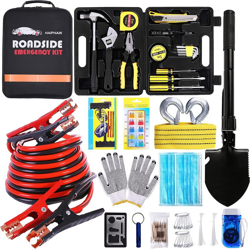 Photo 1 of HAIPHAIK Car Emergency Roadside Kit - Auto Vehicle Safety Road Side Assistance Kits Jumper Cables Set 11.8 Foot (Upgrade) 124 PCS Emergency Car Kits Car Tool Kit,Tow Strap, Folding Survival Shovel