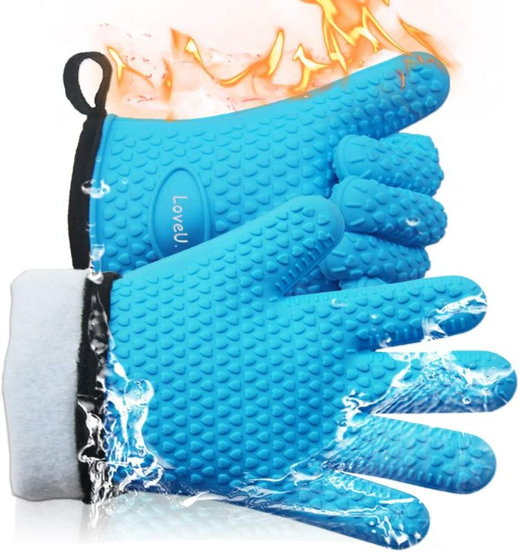 Photo 1 of Loveuing Kitchen Oven Gloves - Silicone and Cotton Double-Layer Heat Resistant Oven Mitts/BBQ Gloves/Grill Gloves - Perfect for Baking and Grilling