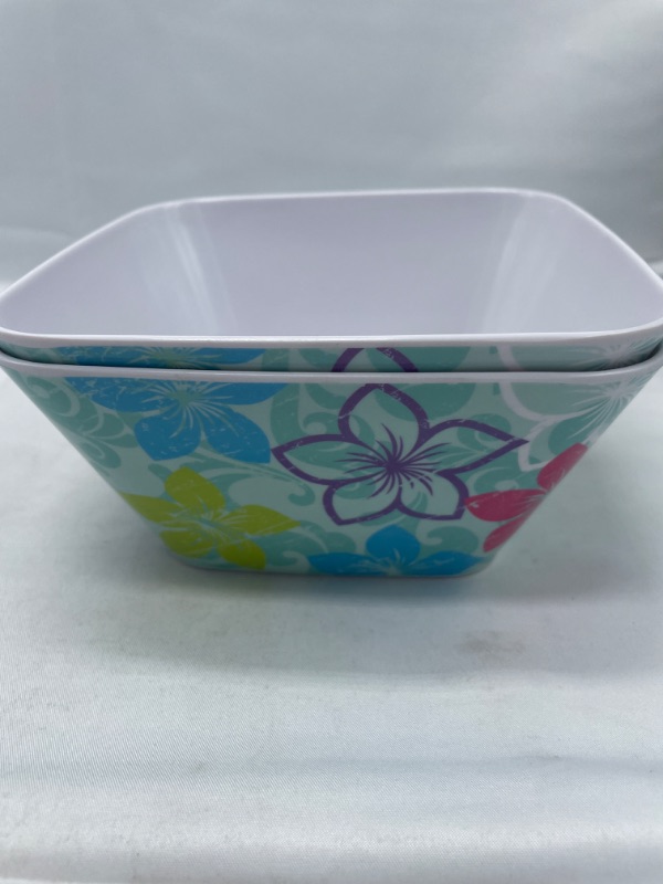 Photo 1 of 2 PACK GLAD SQUARE BOWLS WITH MULTI-COLOR PRINT HIBISCUS FLOWERS 