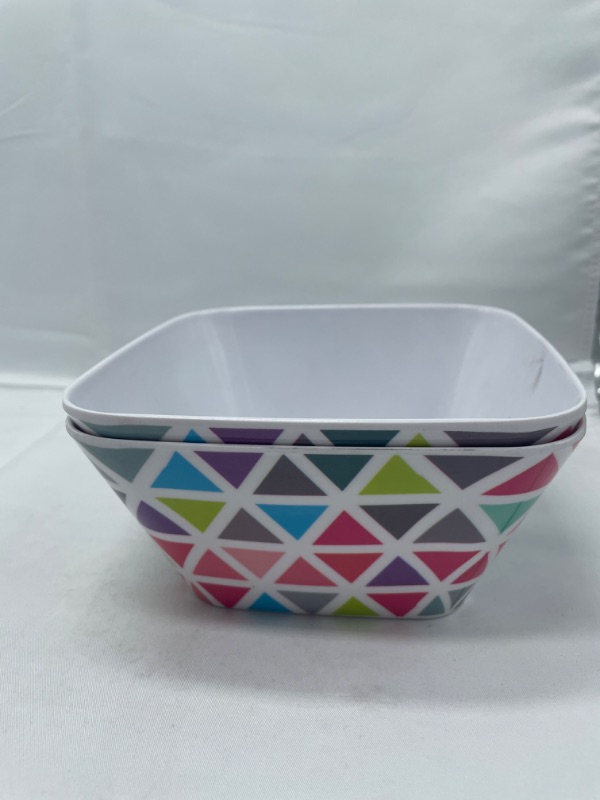 Photo 1 of 2 PACK GLAD SQUARE BOWLS WITH MULTI-COLOR PRINT TRIANGLES NEW