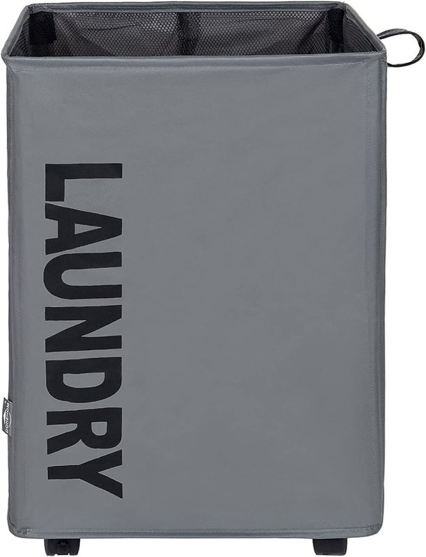 Photo 1 of DOKEHOM Large Laundry Basket with Leather Handle and Wheel (4 Colors), Collapsible Laundry Hamper, Foldable Clothes Organizer, Folding Washing Bin (Dark Grey, L)