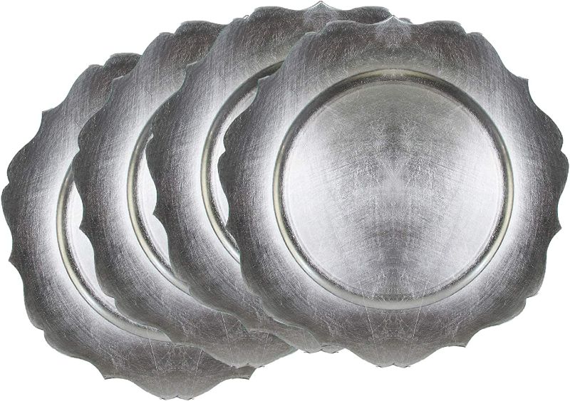 Photo 1 of Charge it by Jay Scallop Charger Plate 13” Decorative Melamine Service Plate for Home, Professional Dining, Perfect for Upscale Events, Dinner Parties, Weddings, Banquets, Catering, Set of 4, Silver