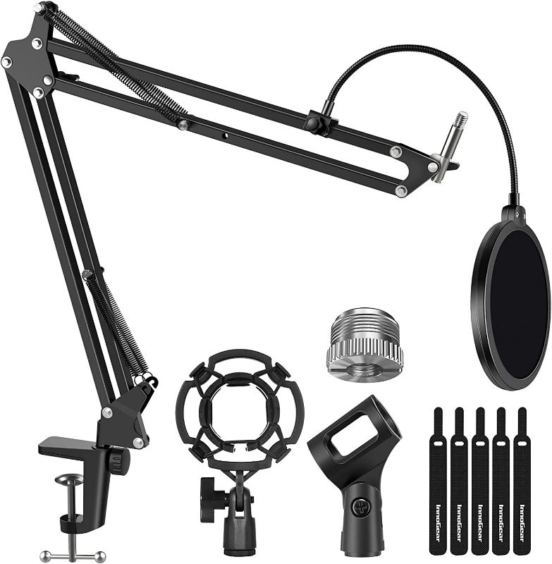 Photo 1 of InnoGear Microphone Stand for Blue Yeti Adjustable Suspension Boom Scissor Arm Stand with 3/8"to 5/8" Screw Adapter Shock Mount Windscreen Pop Filter Mic Clip Holder Cable Ties, Medium