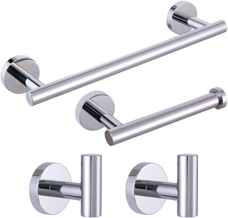 Photo 1 of BEIGEEWY Contemporary Stainless Steel Wall Mounted 4-Piece Bathroom Hardware Set - 12" Towel Bar Toilet Paper Holder 2X Robe Hook, Polished Finish