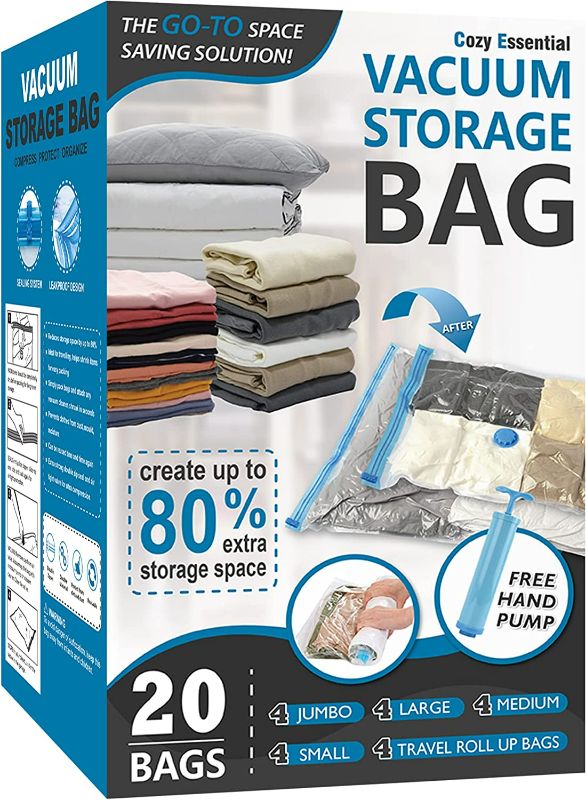 Photo 1 of 20 Pack Vacuum Storage Bags, Space Saver Bags (4 Jumbo/4 Large/4 Medium/4 Small/4 Roll) Compression Storage Bags for Comforters and Blankets, Vacuum Sealer Bags for Clothes Storage, Hand Pump Included