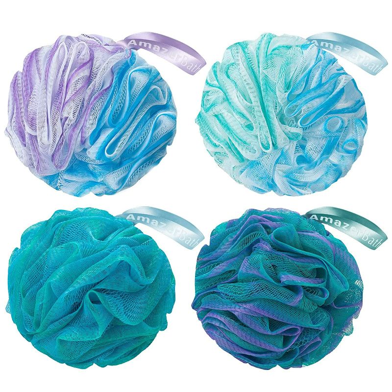 Photo 1 of Amazer Bath Loofah Sponge 60g/Piece, Exfoliating Bath Sponge Body Scrubber - Loofa Set of 4 Flower Color (Green-Purple)