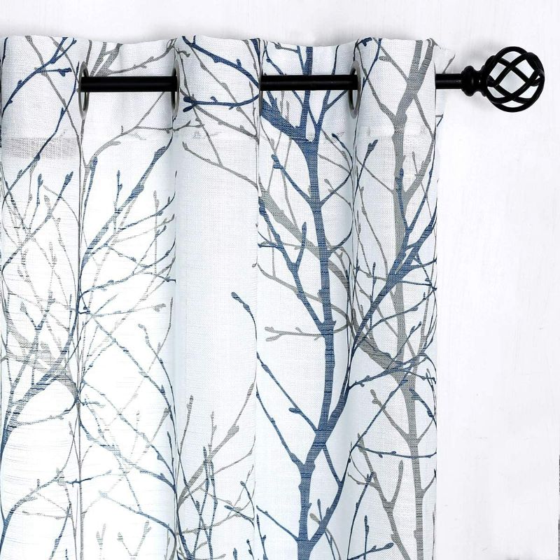 Photo 1 of FMFUNCTEX White Semi-Sheer Curtains 96-inches Long Blue and Grey Branches Printing on Linen Textured White Window Treatment Panels for Living Room Bedroom Kitchen Draperies 1 Pai