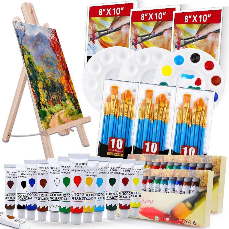 Photo 1 of Acrylic Painting Set with 1 Wooden Easel 3 Canvas Panels30 pcs Nylon Hair Brushes 3 PCS Paint Plates and 2 PCS of 12ml Acrylic Paint in 12 Colors for Acrylic Painting Artist Professional Kit