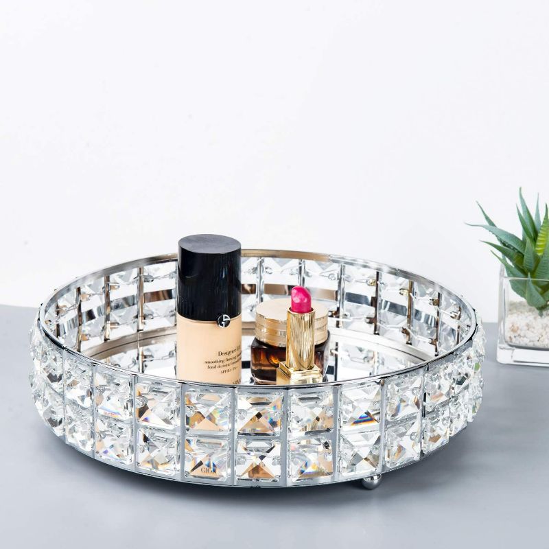 Photo 1 of Feyarl Anti-Scratch Glass Mirror Surface Crystal Vanity Makeup Tray Ornate Jewelry Trinket Tray Organizer Sparkly Bling Cosmetic Perfume Bottle Tray Decorative Home Decor Dresser Skin Care Storage