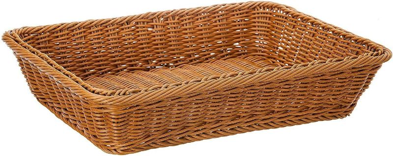 Photo 1 of 16" Poly-Wicker Bread Basket, Long Woven Tabletop Food Fruit Vegetables Serving Basket, Restaurant Serving, Honey Brown