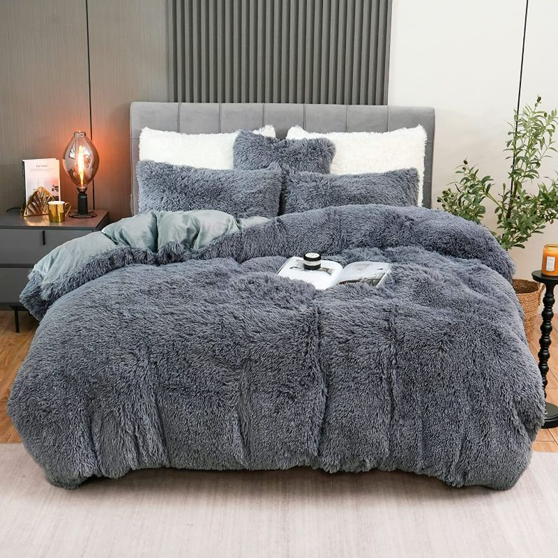 Photo 1 of Fluffy Plush Duvet Cover Set Queen Size, Luxury Ultra Soft Velvet Fuzzy Comforter Cover Bed Sets 4Pcs(1 Faux Fur Duvet Cover + 2 Pillow Cases QUEEN