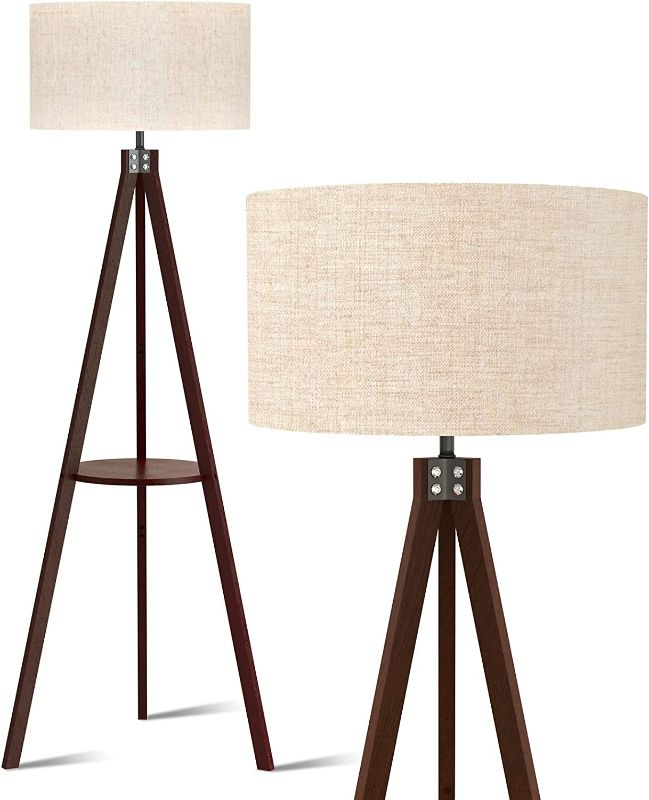 Photo 1 of LEPOWER Wood Tripod Floor Lamp, Mid Century Standing Lamp, Modern Design Floor Lamp with Shelf for Living Room, Bedroom, Office, Flaxen Lamp Shade with E26 Lamp Base