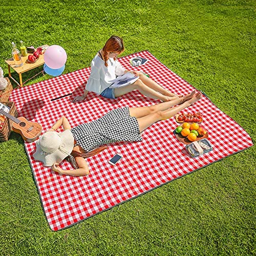 Photo 1 of Three Donkeys Machine Washable Extra Large Picnic & Beach Blanket Handy Mat Plus Thick Dual Layers Sandproof Waterproof Padding Portable for The Family, Friends, Kids, 79"x79" (Red and White)