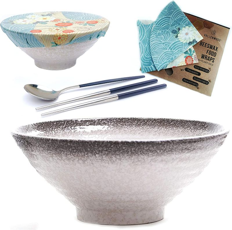 Photo 1 of 8 Pieces Premium Ceramic XL Pho Bowls Set: 2 White Grey 60 oz Ramen Bowl. Includes: Stainless steel Spoon And Chopsticks. Plus Reusable Beeswax Wrap Lids. Asian Chinese Japanese or Noodle Soups.