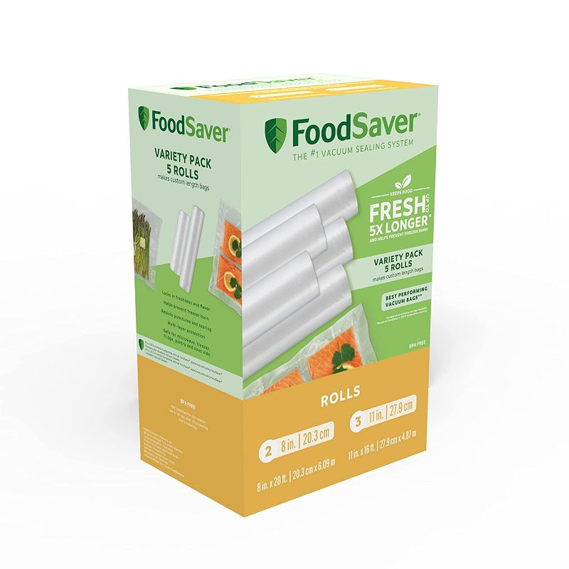 Photo 1 of FoodSaver Vacuum Sealer Bags, Rolls for Custom Fit Airtight Food Storage and Sous Vide, 8" (3 Pack) and 11" (2 Pack) Multipack