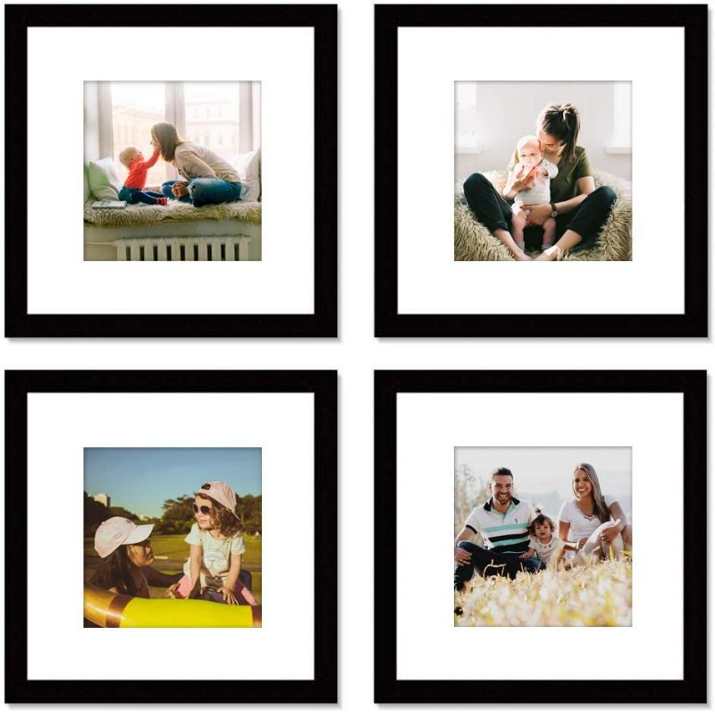 Photo 1 of SweeHome 12x12 Picture Frame Set of 4, Made of High Definition Glass for 8x8 with Mat or 12x12 Without Mat, Wall Mounting Photo Frame Black