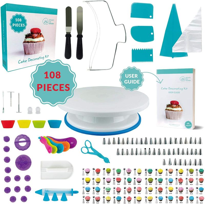 Photo 1 of 108 Pcs Cake Decorating KIT | Non-Slip Turntable | Leveler 2-Wire | 48 Numbered Icing Tips | Straight & Angled Spatulas | 10 Pastry Bags & Silicone Bag | 2 Flowers Nails & Lifter | Gift Box