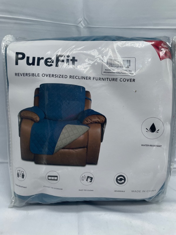 Photo 2 of PureFit Reversible Quilted Oversized Recliner Sofa Cover, Water Resistant Furniture Protector, Washable Couch Cover with Elastic Straps for Kids, Dogs, Pets (Oversized Recliner, Peacock Blue/Beige)