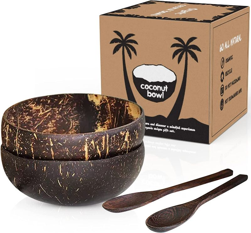 Photo 1 of Natural Coconut Bowls for Smoothies, Acai, Buddha Bowl, Salads, Soup and Snacks- Set of 2 Carved and Polished Coconut Shells with Wooden Spoons, Brown