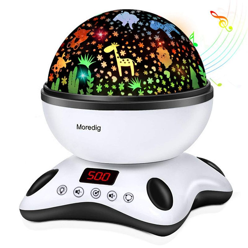 Photo 1 of Moredig Night Light Projector, Baby Night Light for Kids with Remote and Timer, 360 Degree Rotating - 8 Color Changing 12 Songs Toddler Night Lights Birthday Gifts for Baby - Black