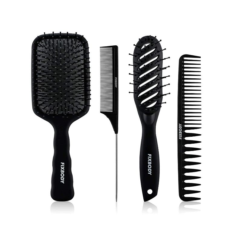 Photo 1 of FIXBODY 4PCS Paddle Hair Brush, Detangling Brush and Hair Comb Set for Men and Women, Great On Wet or Dry Hair, No More Tangle Hairbrush for Long Thick Thin Curly Hair, Black