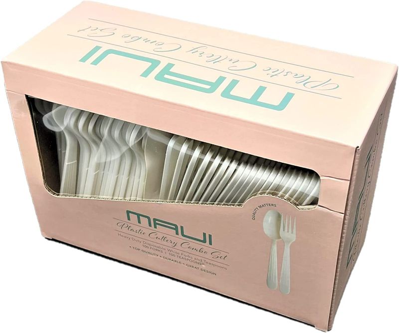 Photo 1 of MAUI Plastic Cutlery Combo Set - 100 Forks -100 Spoons - Heavy Duty Disposable Forks and Spoons. Spoon good for soup & dinning , super heavyweight. Good For Gathering & Parties Hard To Break easy open