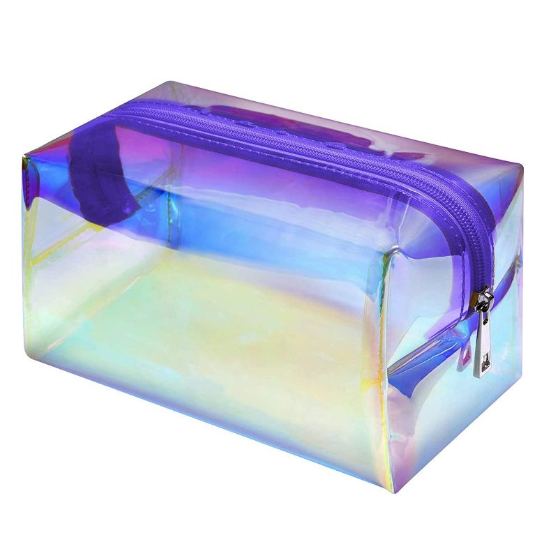 Photo 1 of F-color Holographic Makeup Bag - Clear Makeup Bag for Women - Travel Clear Cosmetic Bag - Waterproof Large Clear Makeup Pouch with Zipper , Purple