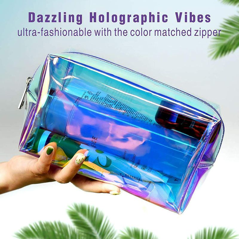 Photo 2 of F-color Holographic Makeup Bag - Clear Makeup Bag for Women - Travel Clear Cosmetic Bag - Waterproof Large Clear Makeup Pouch with Zipper , Purple