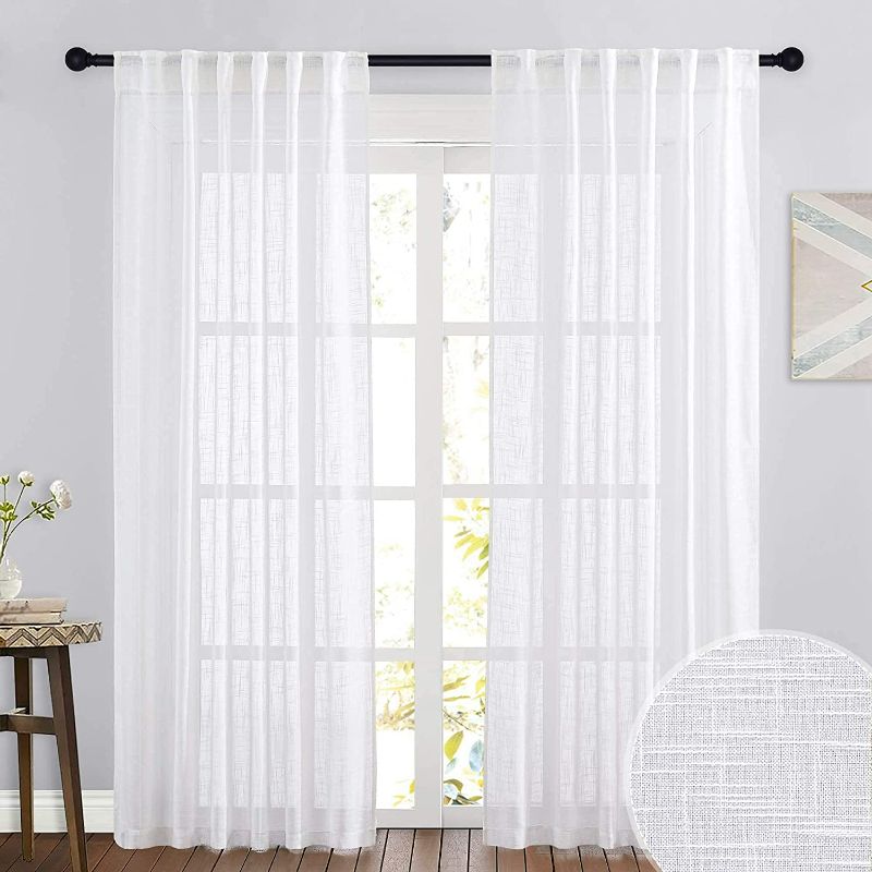 Photo 1 of RYB HOME White Sheer Curtains Linen Texture Window Panels, Semi Sheer Drapes, 52 x 84, Pack of 2