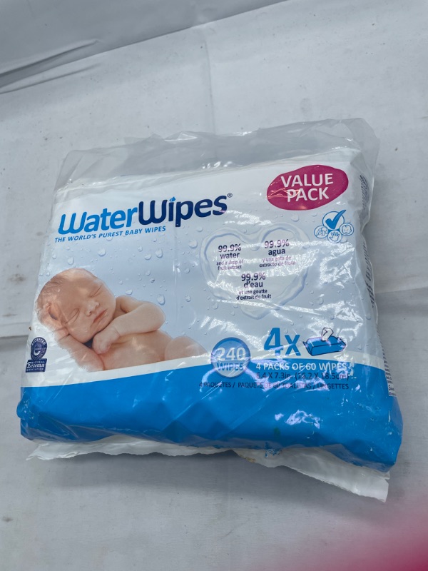 Photo 2 of WaterWipes Plastic-Free Original Baby Wipes, 99.9% Water Based Wipes, Unscented & Hypoallergenic for Sensitive Skin, 240 Count (4 packs), Packaging May Vary