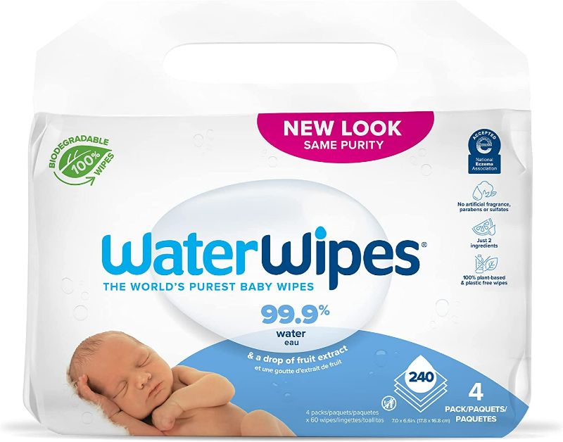 Photo 1 of WaterWipes Plastic-Free Original Baby Wipes, 99.9% Water Based Wipes, Unscented & Hypoallergenic for Sensitive Skin, 240 Count (4 packs), Packaging May Vary