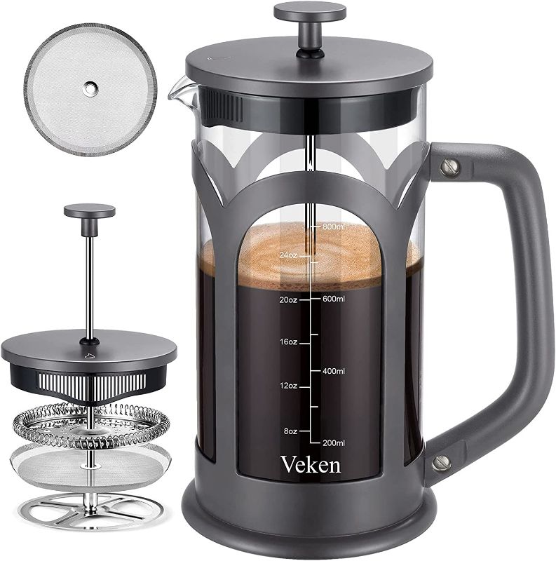 Photo 1 of Veken French Press Coffee & Tea Maker, 304 Stainless Steel Heat Resistant Borosilicate Glass Coffee Press with 4 Filter Screens, Durable Easy Clean 100% BPA Free, 34oz