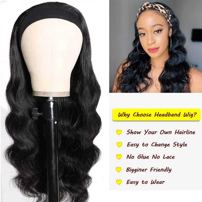 Photo 2 of Headband Wigs for Black Women Human Hair Glueless Body Wave Headband Wig Human Hair 100% Brazilian Virgin Hair Machine Made Head band Wig 150% Density