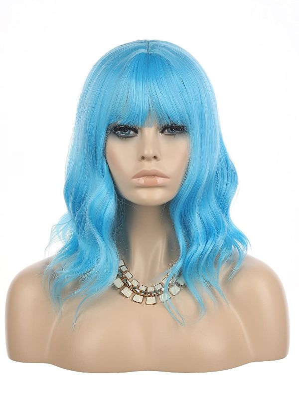 Photo 1 of eNilecor Blue Wig Short Curly Bob Wigs with Air Bangs 14" Natural Colored Wigs for Women