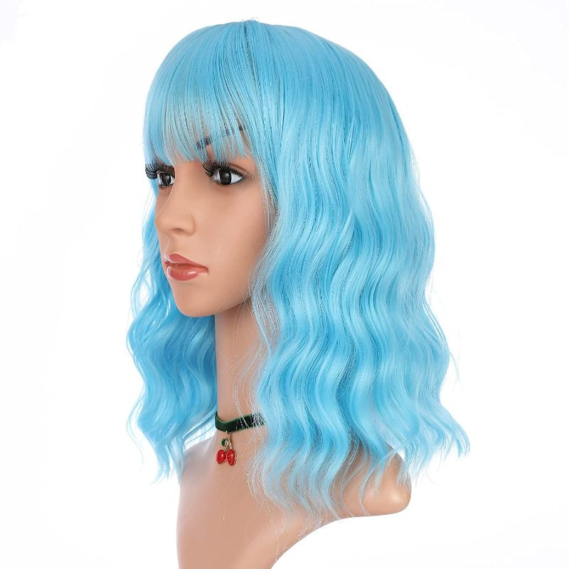 Photo 2 of eNilecor Blue Wig Short Curly Bob Wigs with Air Bangs 14" Natural Colored Wigs for Women