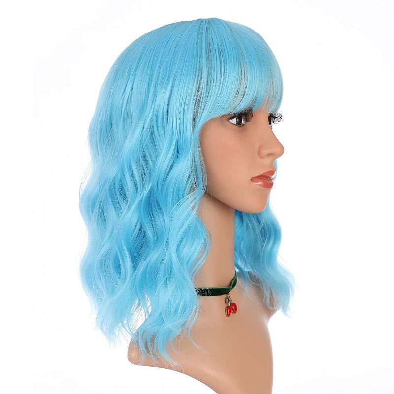 Photo 3 of eNilecor Blue Wig Short Curly Bob Wigs with Air Bangs 14" Natural Colored Wigs for Women