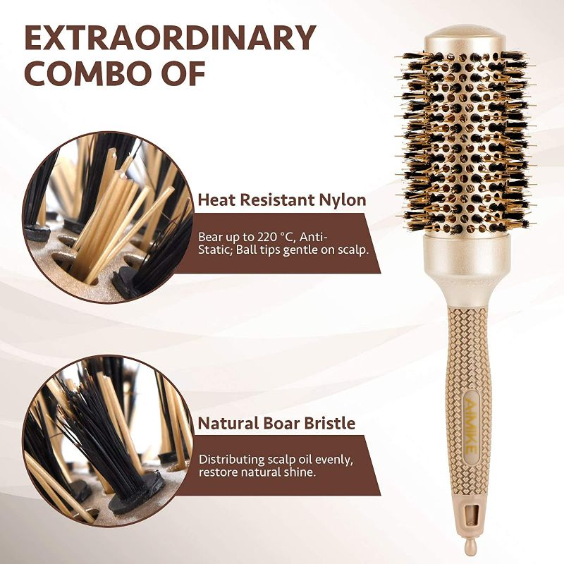 Photo 2 of AIMIKE Round Brush for Women Blow Drying, Nano Thermal Ceramic & Ionic Tech Hair Brush, Medium Round Barrel Brush with Boar Bristles, Professional Roller Brush for Styling and Blowout Volume, 1.7 Inch