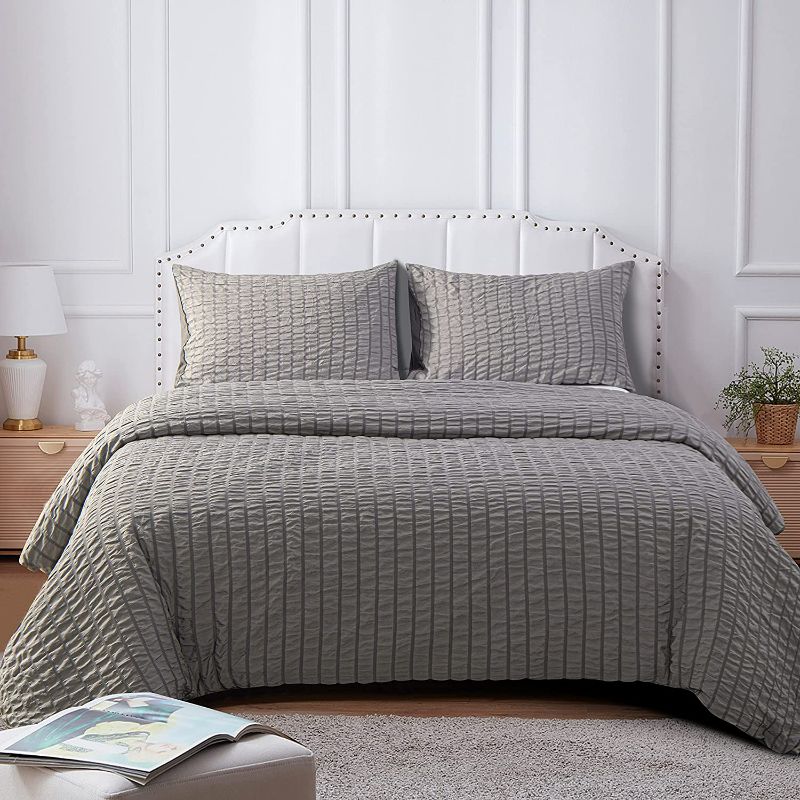 Photo 1 of  3 Pieces Queen Duvet Cover Set, Seersucker Textured Stripe Washed Microfiber Comforter Cover with Zipper Closure, 90x90 Inches, DARK GREY