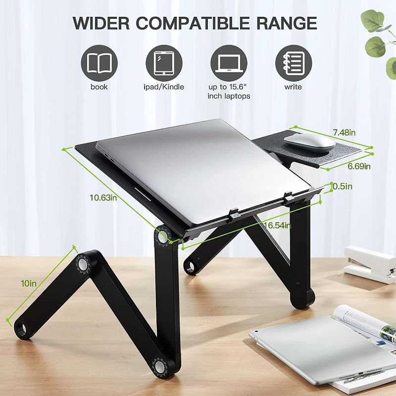 Photo 3 of HUANUO Adjustable Laptop Stand, Laptop Desk for up to 15.6" Laptops, Portable Laptop Table Stand with 2 CPU Fans, Detachable Mouse Pad, Ergonomic Lap Desk for Laptop, TV Bed Tray, Standing Desk