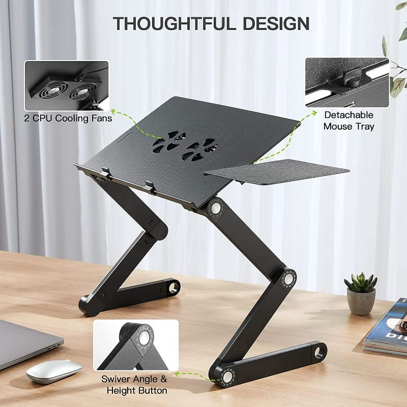 Photo 2 of HUANUO Adjustable Laptop Stand, Laptop Desk for up to 15.6" Laptops, Portable Laptop Table Stand with 2 CPU Fans, Detachable Mouse Pad, Ergonomic Lap Desk for Laptop, TV Bed Tray, Standing Desk