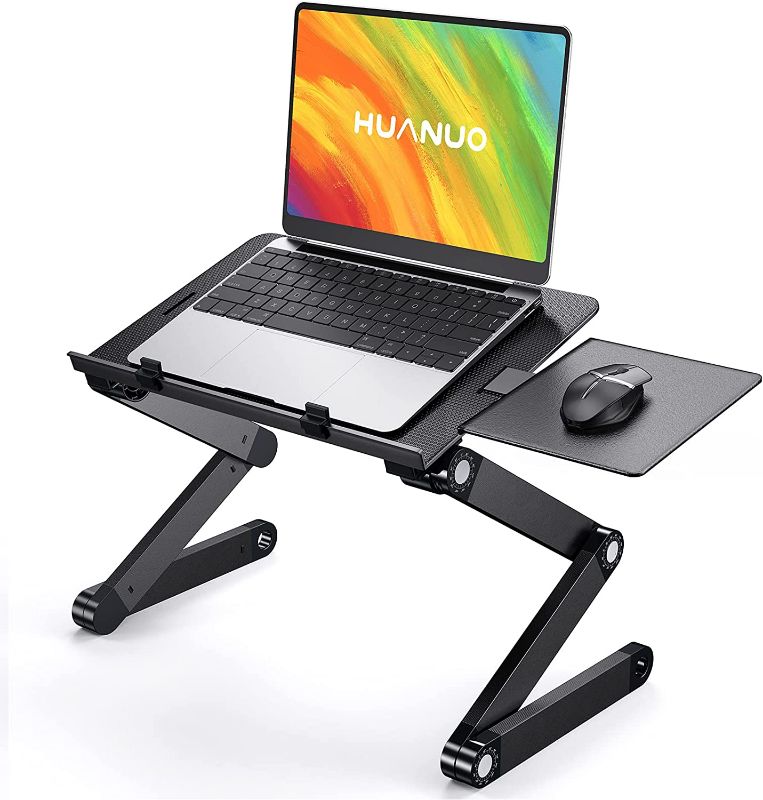 Photo 1 of HUANUO Adjustable Laptop Stand, Laptop Desk for up to 15.6" Laptops, Portable Laptop Table Stand with 2 CPU Fans, Detachable Mouse Pad, Ergonomic Lap Desk for Laptop, TV Bed Tray, Standing Desk