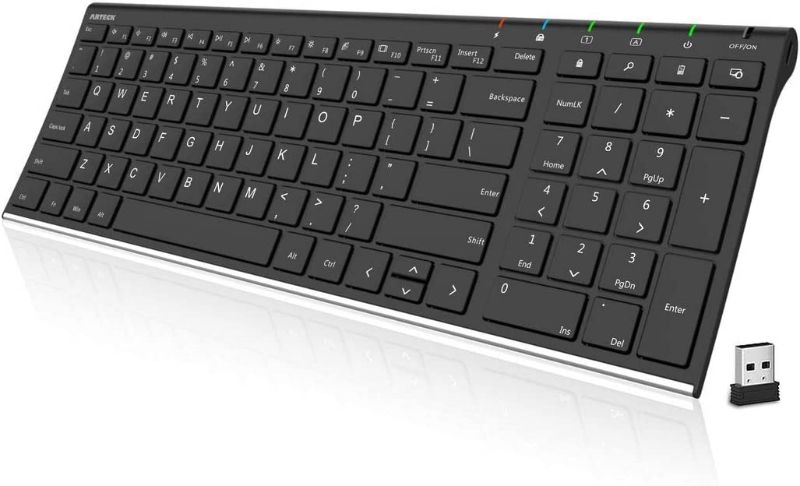 Photo 1 of Arteck HW193 USB Wireless Keyboard Stainless Steel Ultra Slim Full Size Keyboard with Numeric Keypad for Computer/Desktop/PC/Laptop/Surface/Smart TV and Windows 11/10/8 Built in Rechargeable Battery