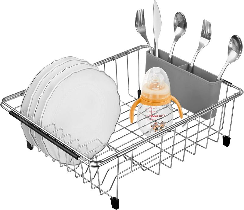 Photo 2 of iPEGTOP Expandable Deep & Large Dish Drying Rack, Over The Sink, in Sink Or On Counter Dish Drainer with Grey Removable Utensil Silverware Holder, Rustproof Stainless Steel