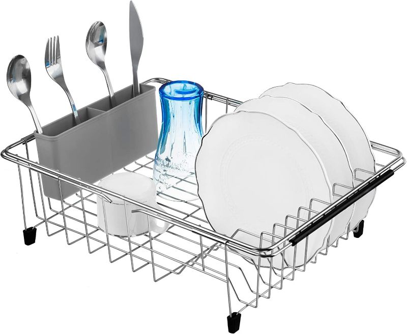 Photo 1 of iPEGTOP Expandable Deep & Large Dish Drying Rack, Over The Sink, in Sink Or On Counter Dish Drainer with Grey Removable Utensil Silverware Holder, Rustproof Stainless Steel