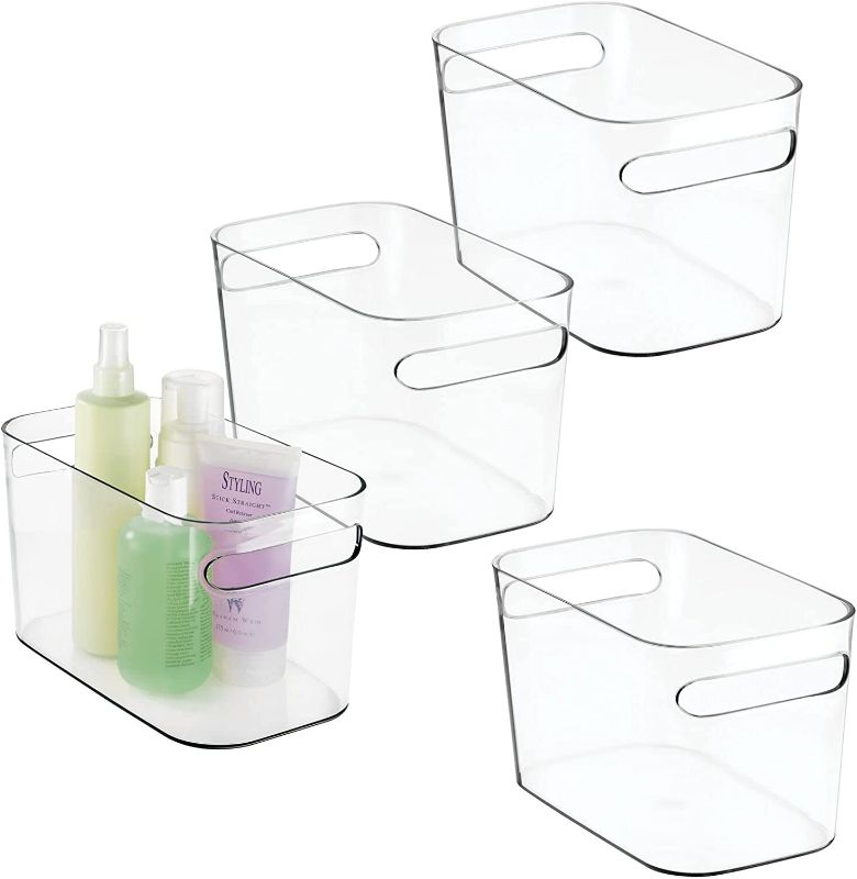 Photo 1 of mDesign Deep Plastic Bathroom Vanity Storage Bin with Handles - Organizer for Hand Soap, Body Wash, Shampoo, Lotion, Conditioner, Hand Towel, Hair Brush, Mouthwash - 10" Long, 4 Pack - Clear
